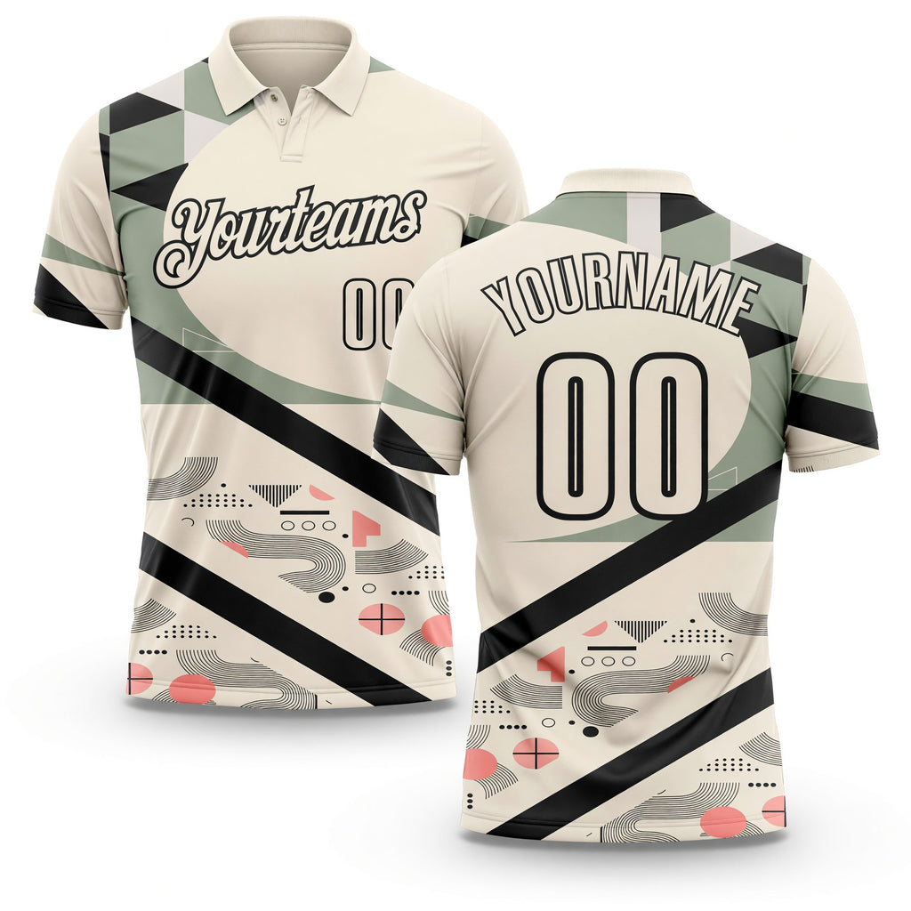 Custom Cream Olive Pink-Black Abstract Geometric Performance Polo Shirt