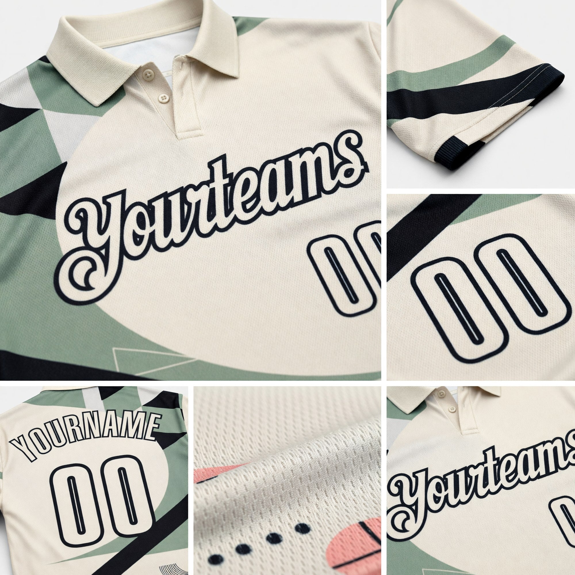 Custom Cream Olive Pink-Black Abstract Geometric Performance Polo Shirt detail