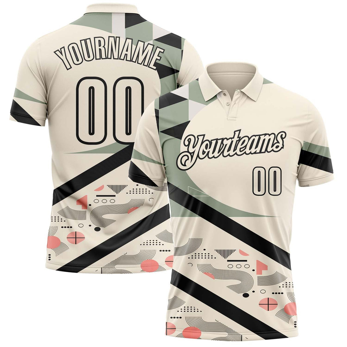 Custom Cream Olive Pink-Black Abstract Geometric Performance Polo Shirt photo 1