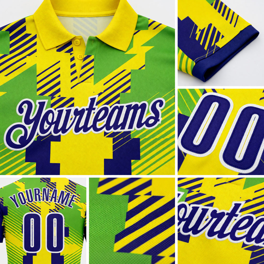 Custom Light Yellow Dark Purple Neon Green-White Abstract Geometric Performance Polo Shirt detail