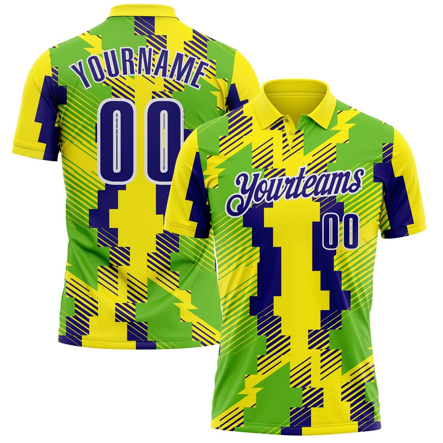 Custom Light Yellow Dark Purple Neon Green-White Abstract Geometric Performance Polo Shirt photo 1