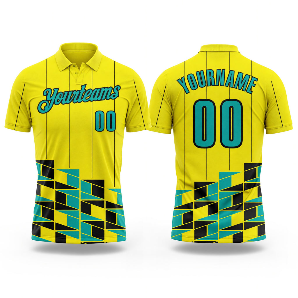 Custom Light Yellow Aqua-Black Geometric Grid & Stripe Performance Polo Shirt