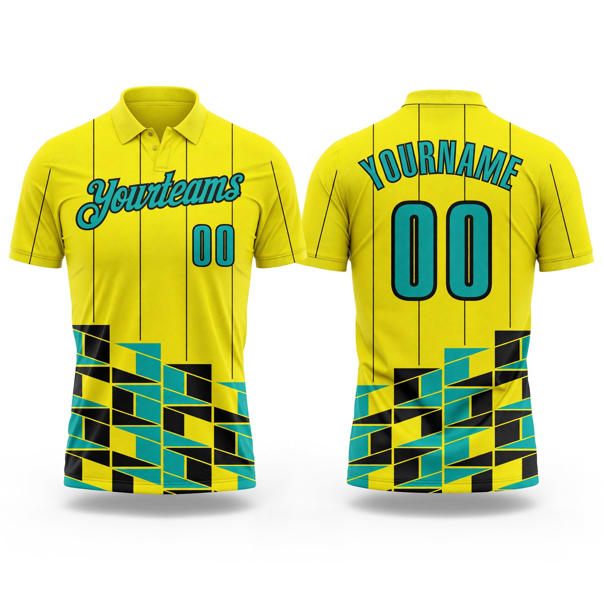 Custom Light Yellow Aqua-Black Geometric Grid & Stripe Performance Polo Shirt