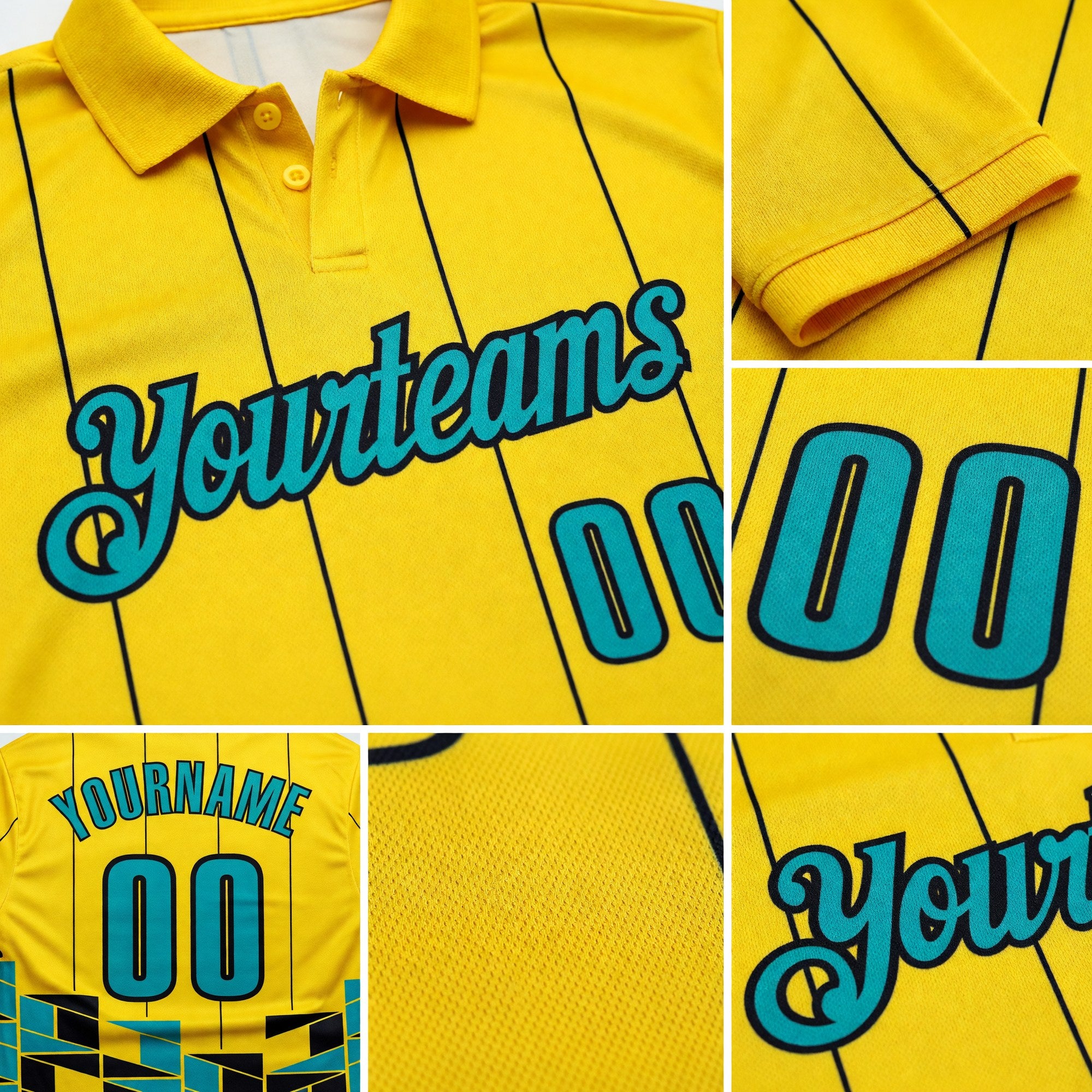 Custom Light Yellow Aqua-Black Geometric Grid & Stripe Performance Polo Shirt detail