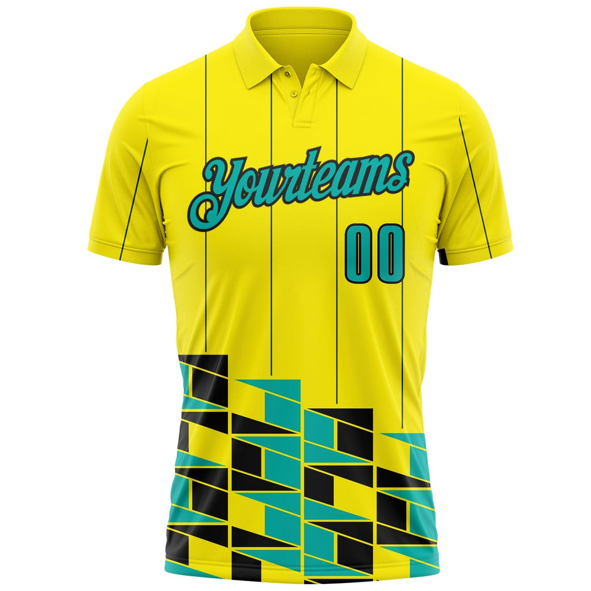 Custom Light Yellow Aqua-Black Geometric Grid & Stripe Performance Polo Shirt photo 1