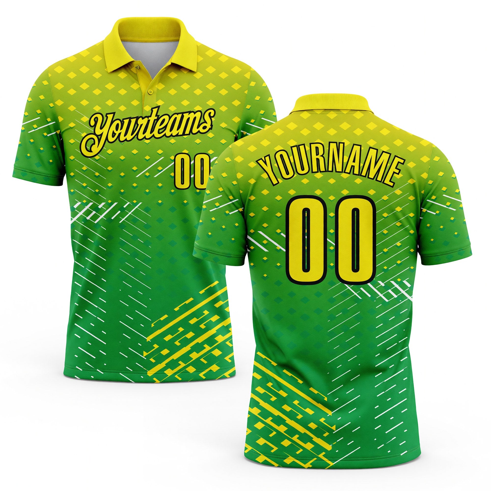 Custom Light Yellow Aurora Green-Black Gradient Geometric Grid & Stripe Performance Polo Shirt