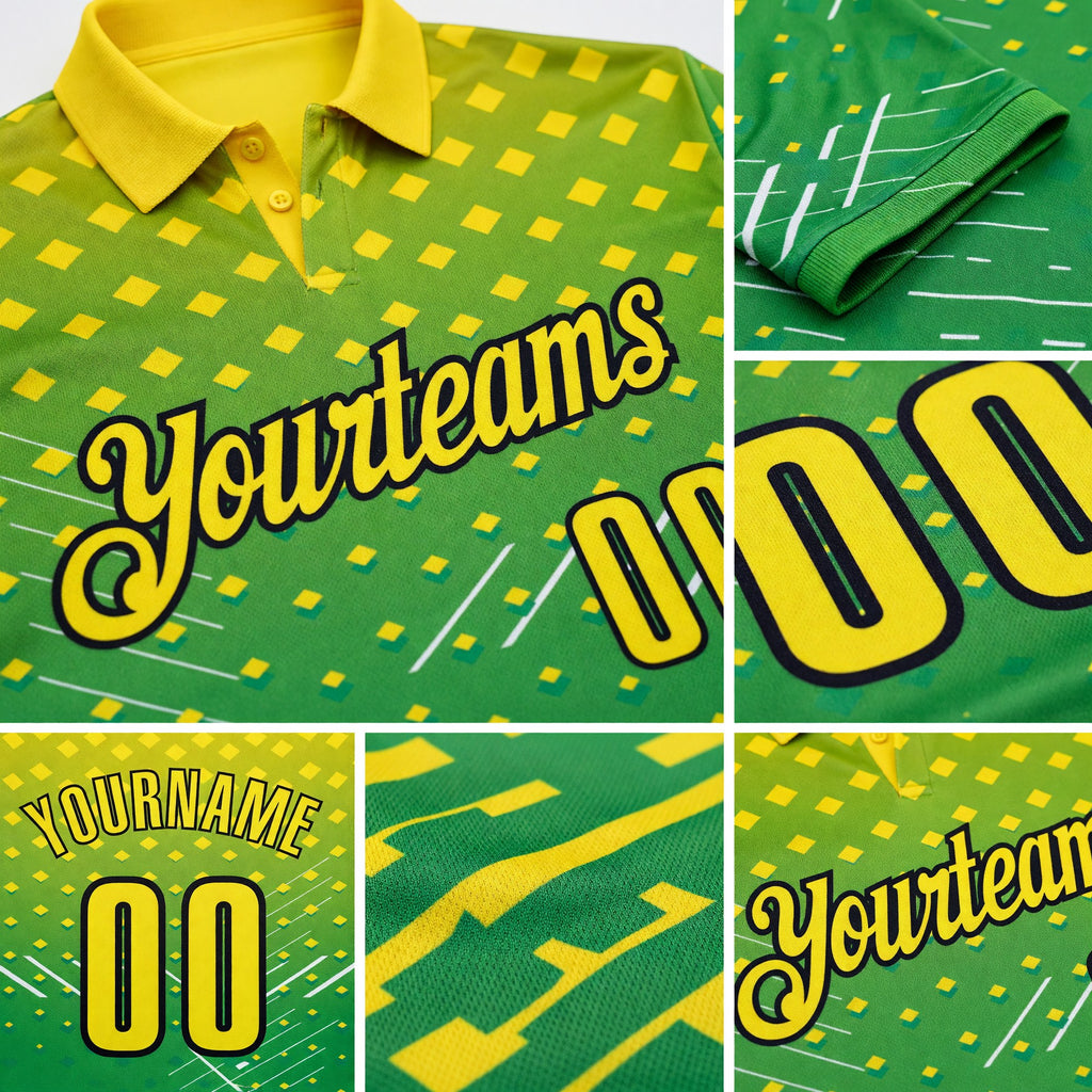 Custom Light Yellow Aurora Green-Black Gradient Geometric Grid & Stripe Performance Polo Shirt detail