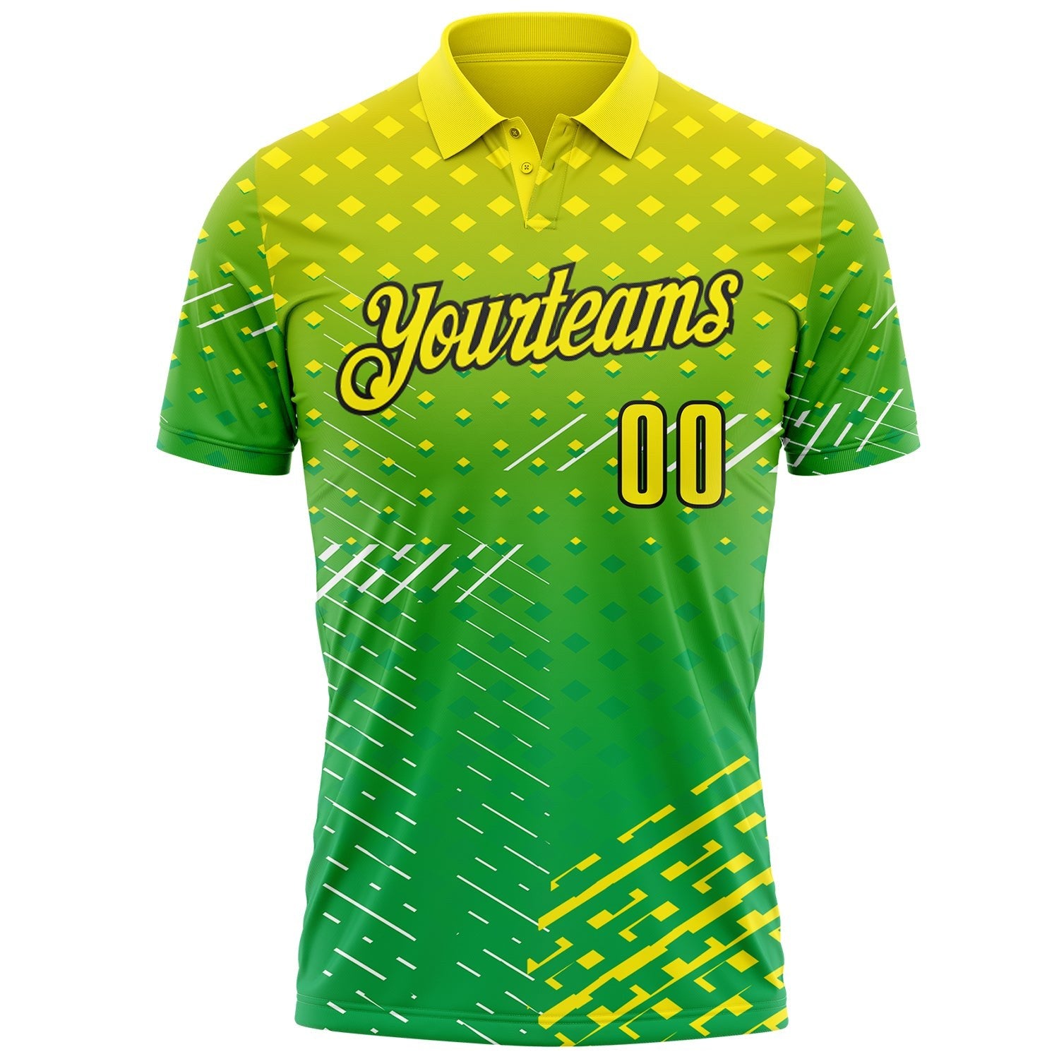 Custom Light Yellow Aurora Green-Black Gradient Geometric Grid & Stripe Performance Polo Shirt photo 1