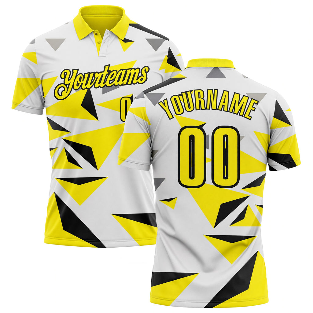 Custom White Light Yellow-Black Geometric Triangle Performance Polo Shirt