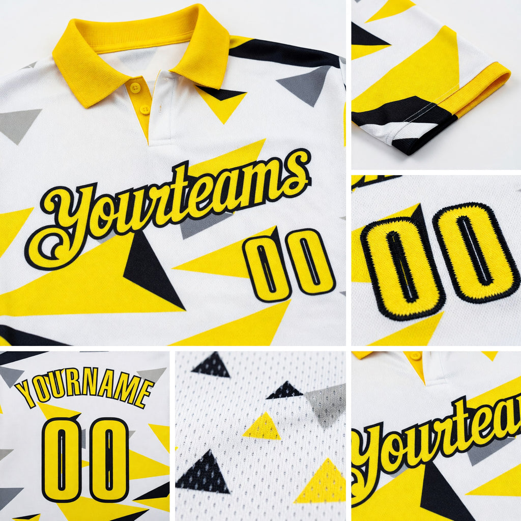 Custom White Light Yellow-Black Geometric Triangle Performance Polo Shirt detail
