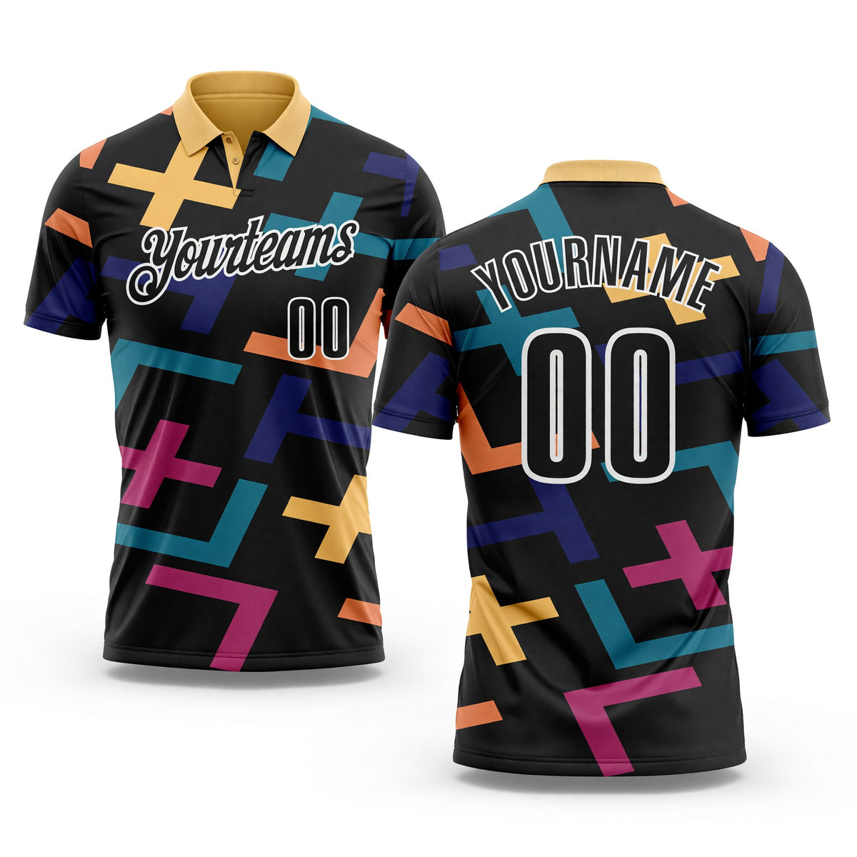 Custom Black-White Geometric Cross Performance Polo Shirt