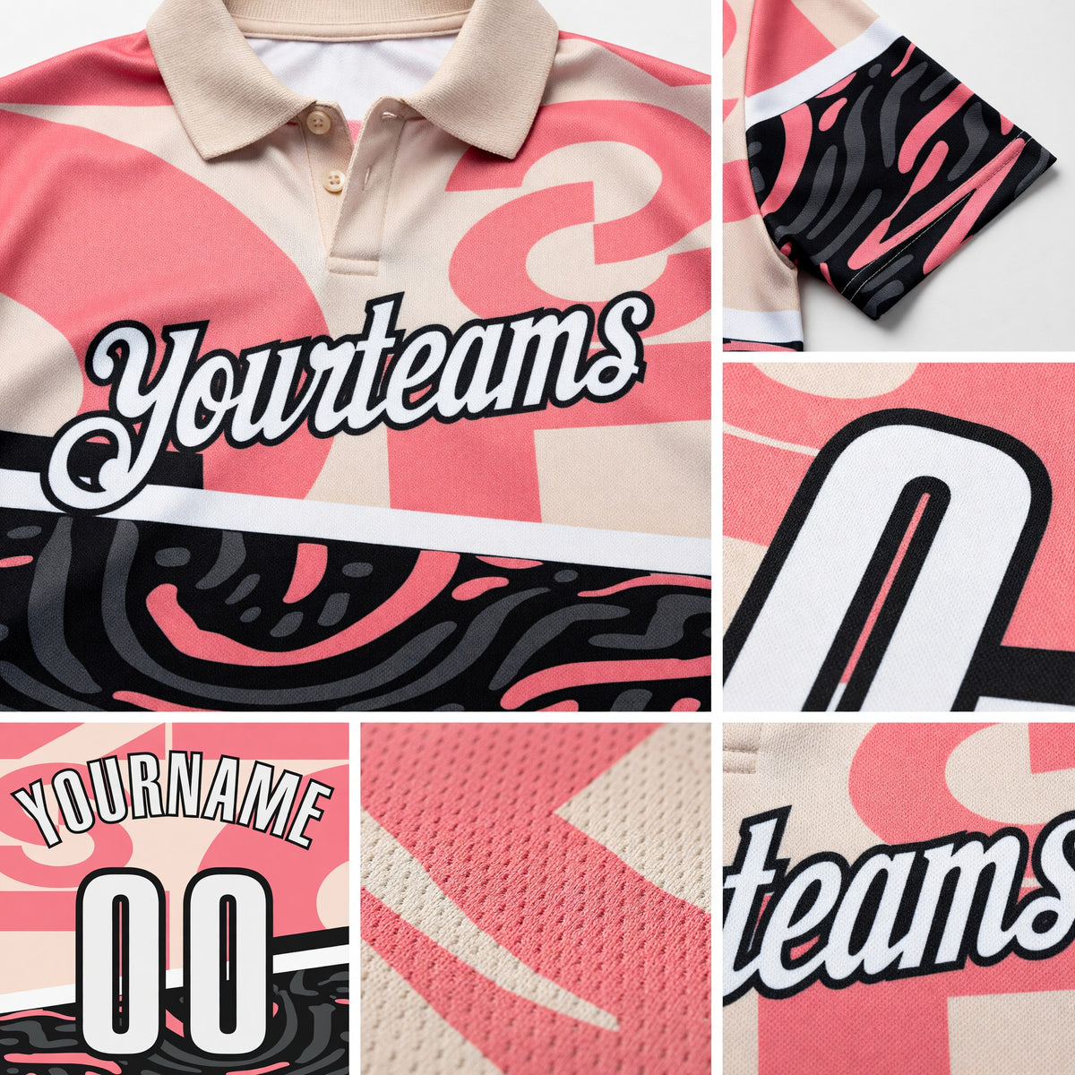 Custom Pink White-Black Abstract Geometric Graffiti Performance Polo Shirt detail