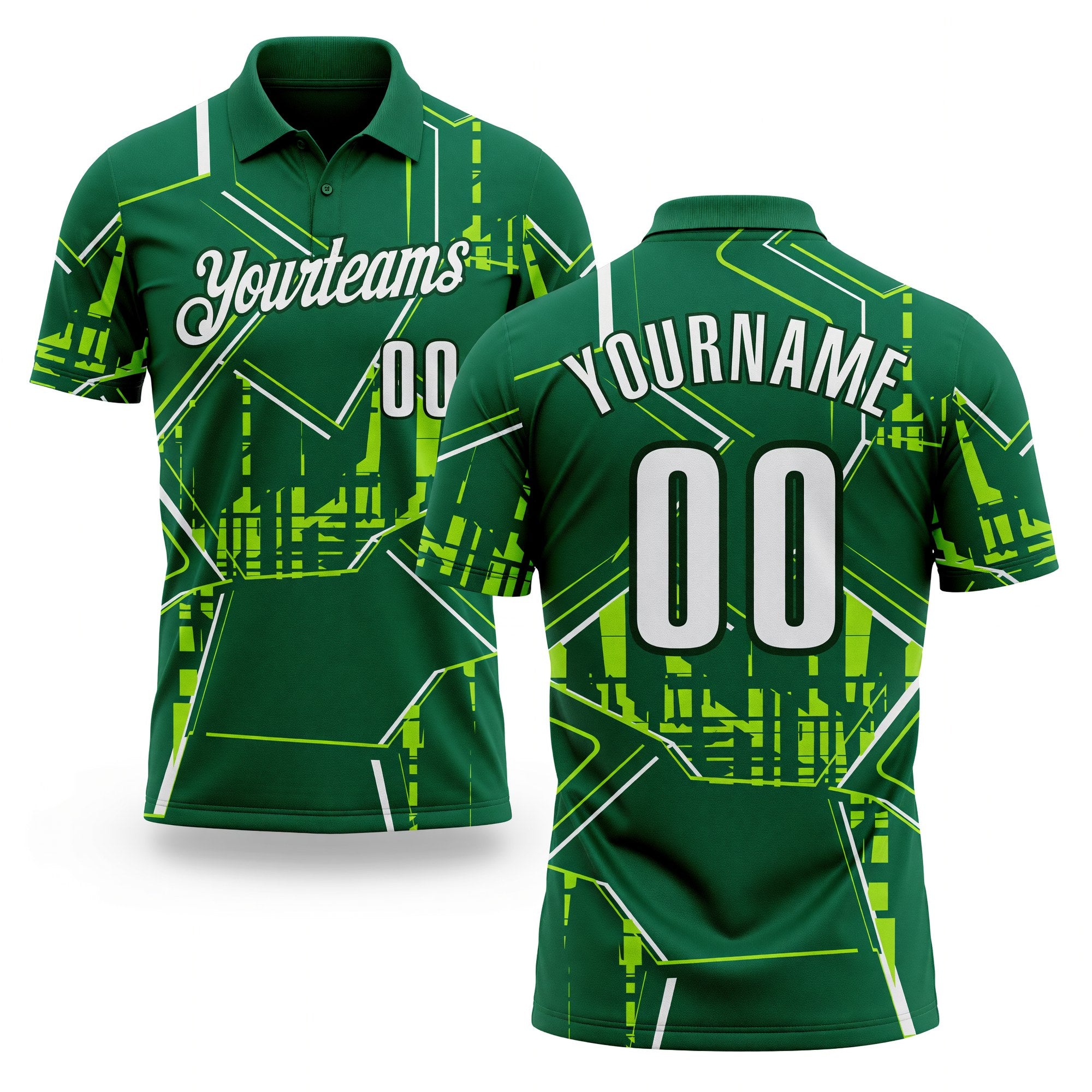 Custom Kelly Green White-Green Geometric Line Performance Polo Shirt