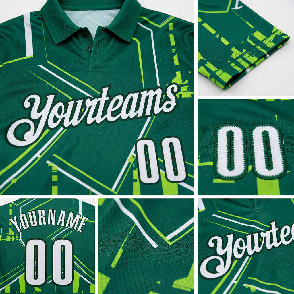 Custom Kelly Green White-Green Geometric Line Performance Polo Shirt detail