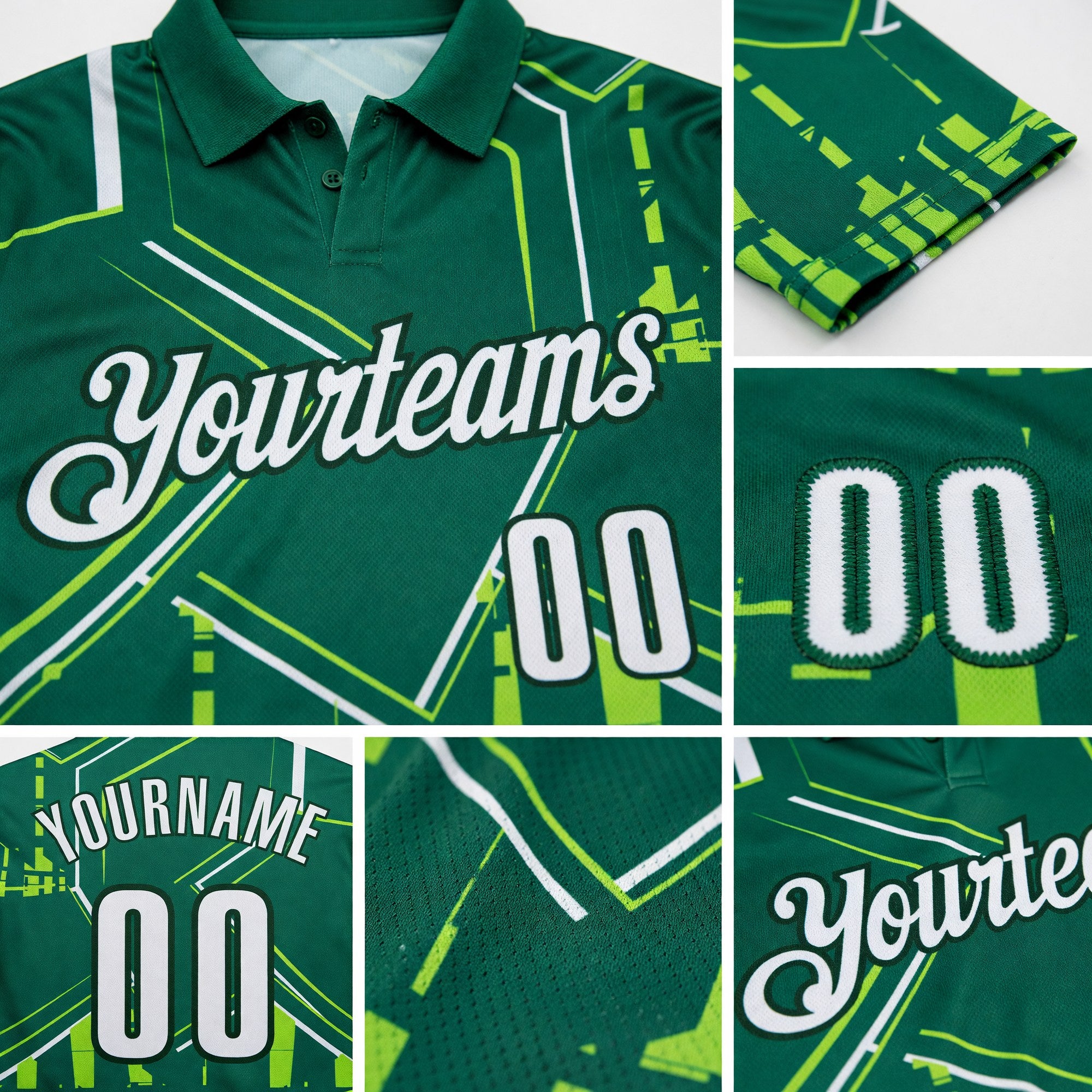 Custom Kelly Green White-Green Geometric Line Performance Polo Shirt detail