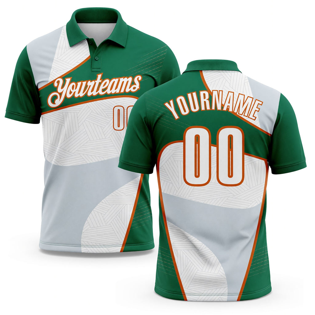 Custom White Kelly Green-Texas Orange Geometric Curved Line Performance Polo Shirt