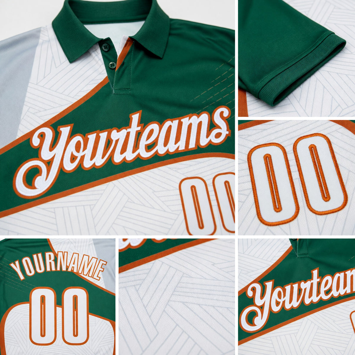 Custom White Kelly Green-Texas Orange Geometric Curved Line Performance Polo Shirt detail