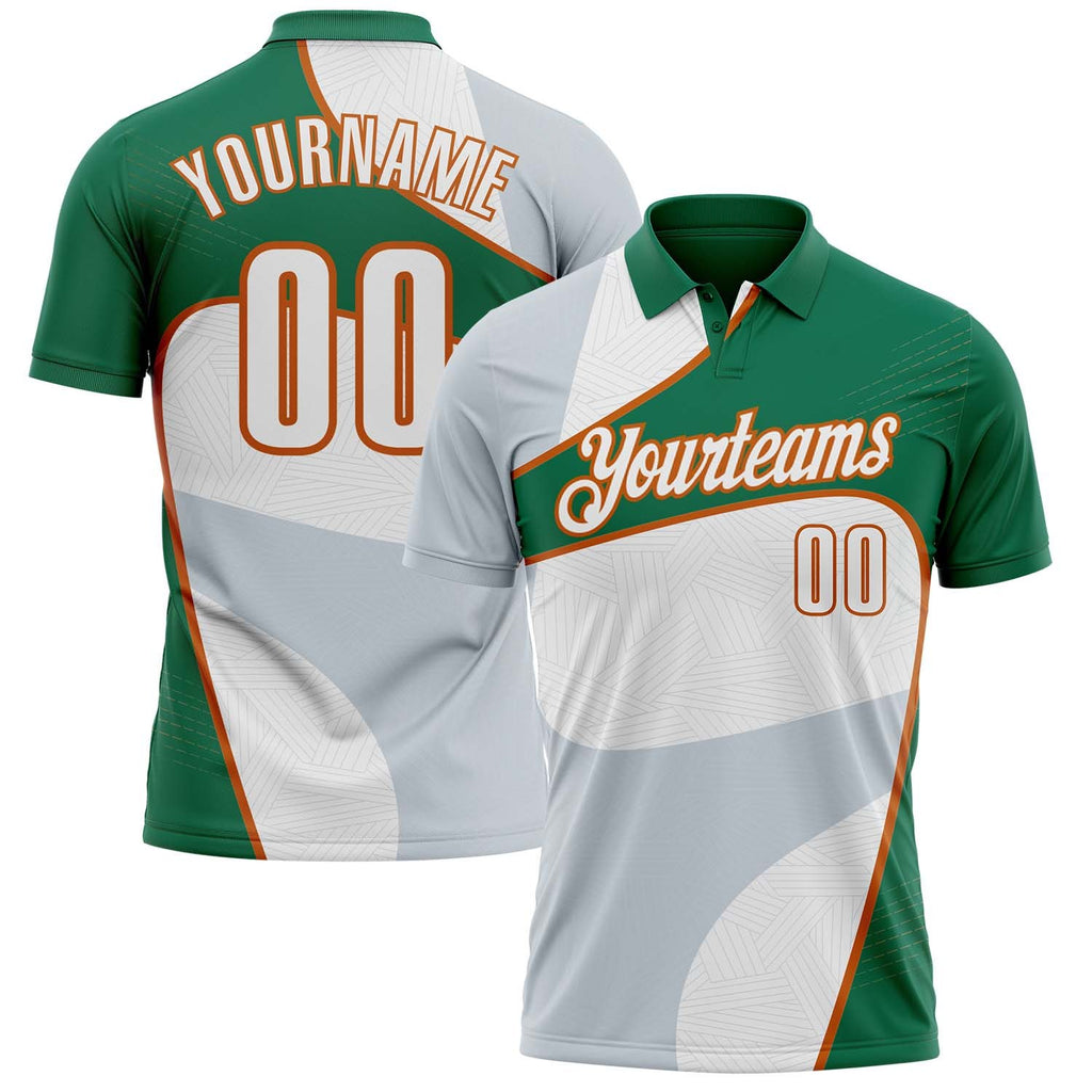 Custom White Kelly Green-Texas Orange Geometric Curved Line Performance Polo Shirt photo 1