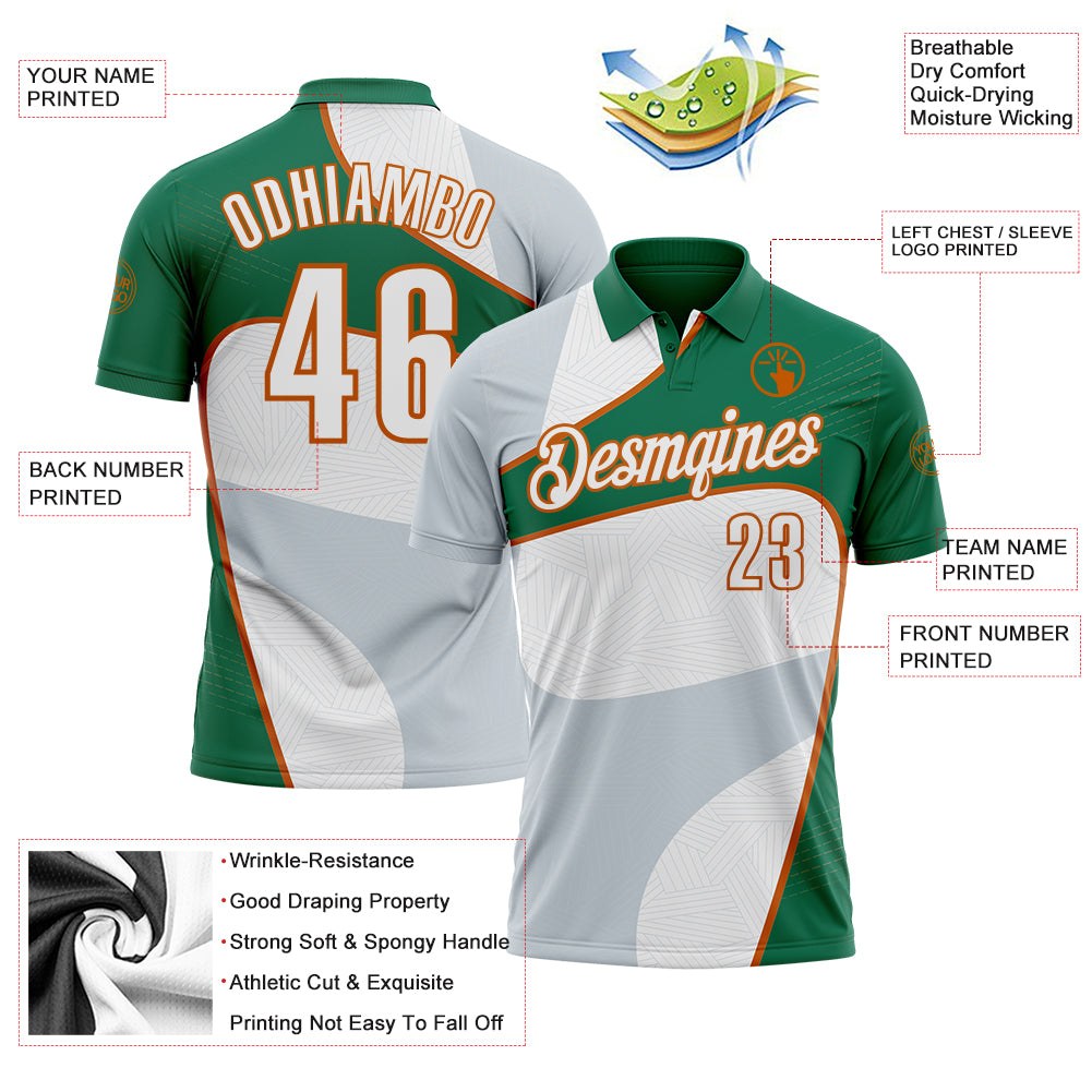 Custom White Kelly Green-Texas Orange Geometric Curved Line Performance Polo Shirt photo 3