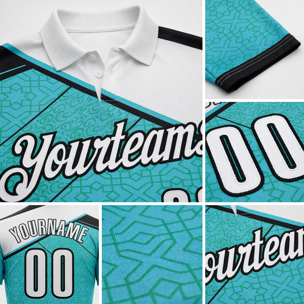 Custom Blue White-Black Abstract Geometric Performance Polo Shirt detail