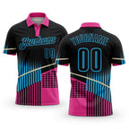 Custom Black Pink-Sky Blue Geometric Halftone Dot & Stripe Performance Polo Shirt