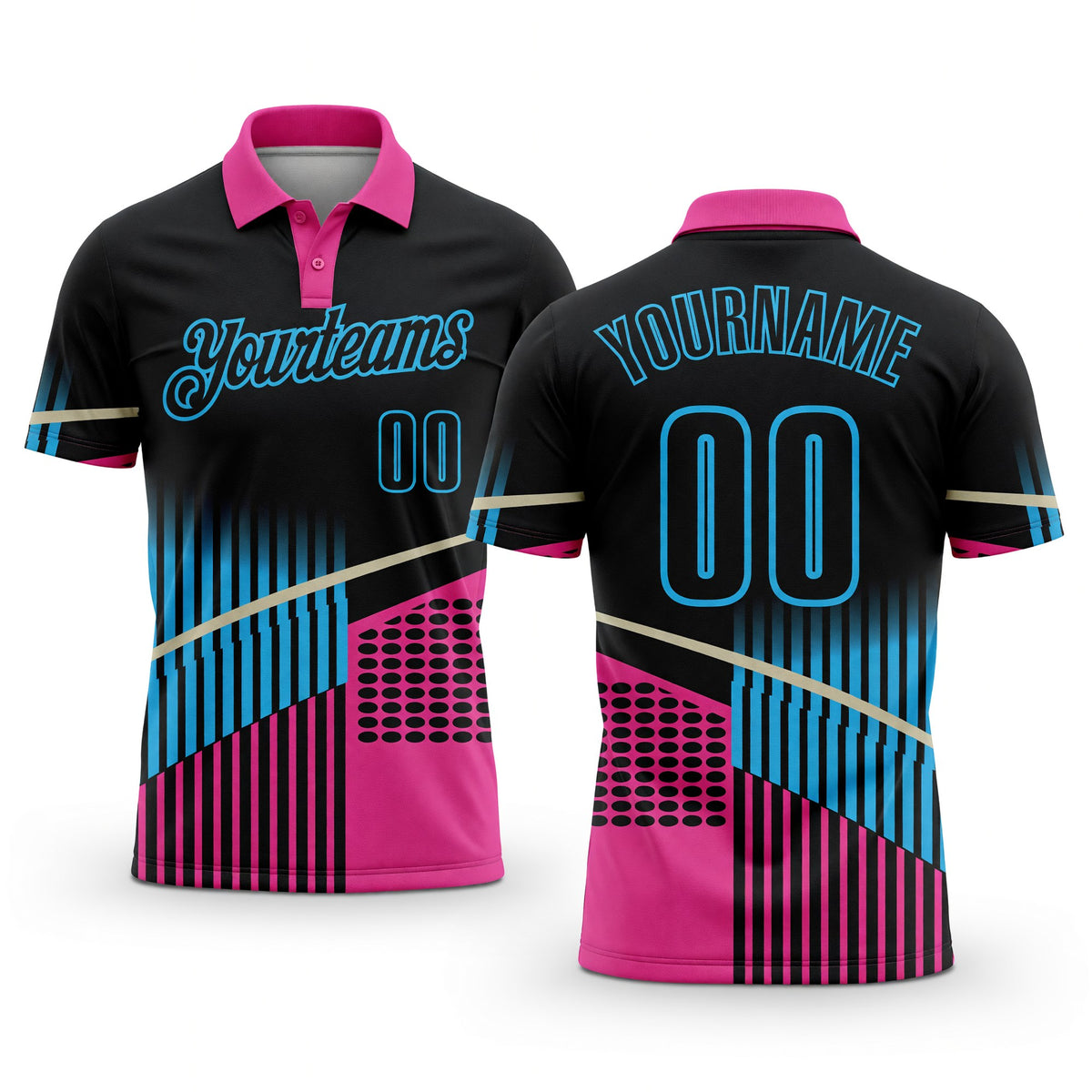 Custom Black Pink-Sky Blue Geometric Halftone Dot & Stripe Performance Polo Shirt