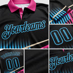 Custom Black Pink-Sky Blue Geometric Halftone Dot & Stripe Performance Polo Shirt detail