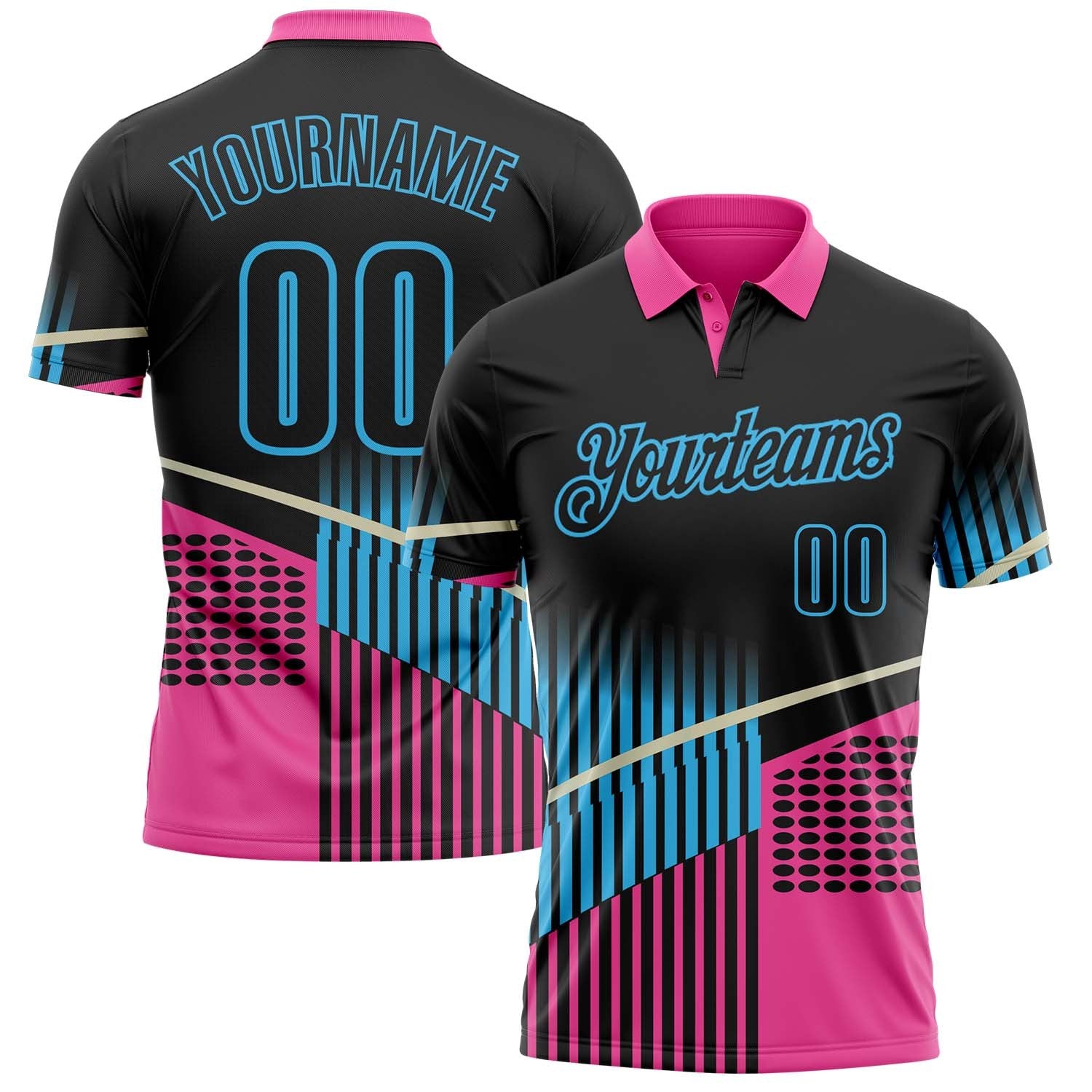 Custom Black Pink-Sky Blue Geometric Halftone Dot & Stripe Performance Polo Shirt photo 1