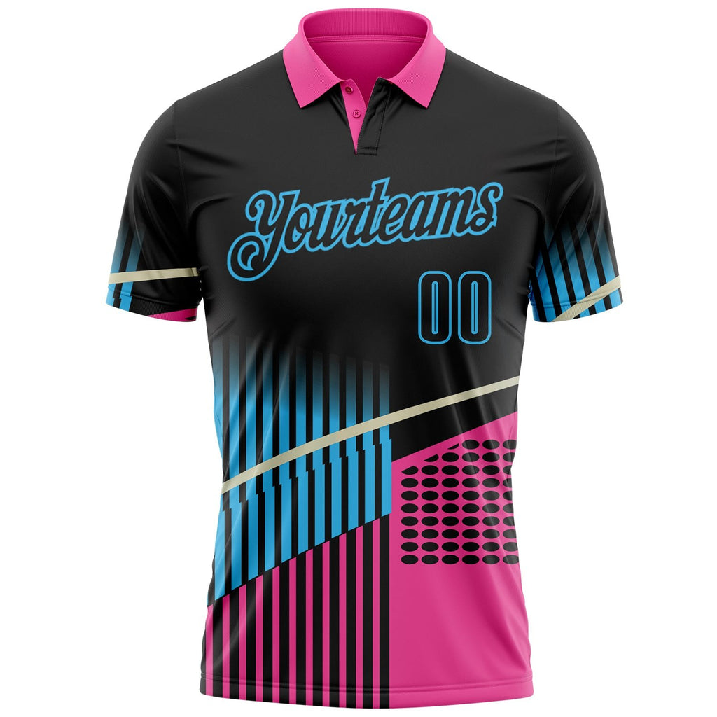 Custom Black Pink-Sky Blue Geometric Halftone Dot & Stripe Performance Polo Shirt photo 2