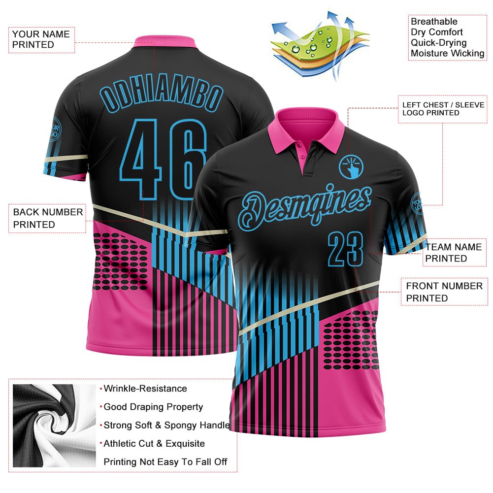 Custom Black Pink-Sky Blue Geometric Halftone Dot & Stripe Performance Polo Shirt photo 3