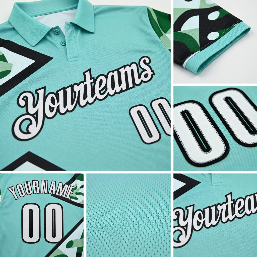 Custom Ice Blue White Green-Black Abstract Geometric Performance Polo Shirt detail