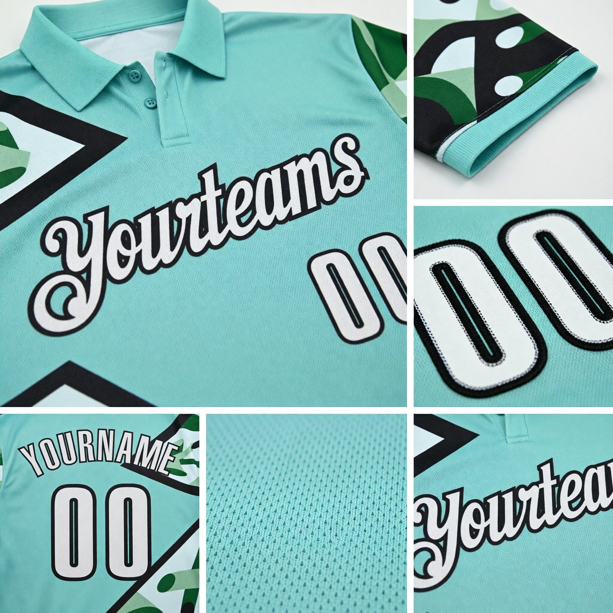 Custom Ice Blue White Green-Black Abstract Geometric Performance Polo Shirt detail