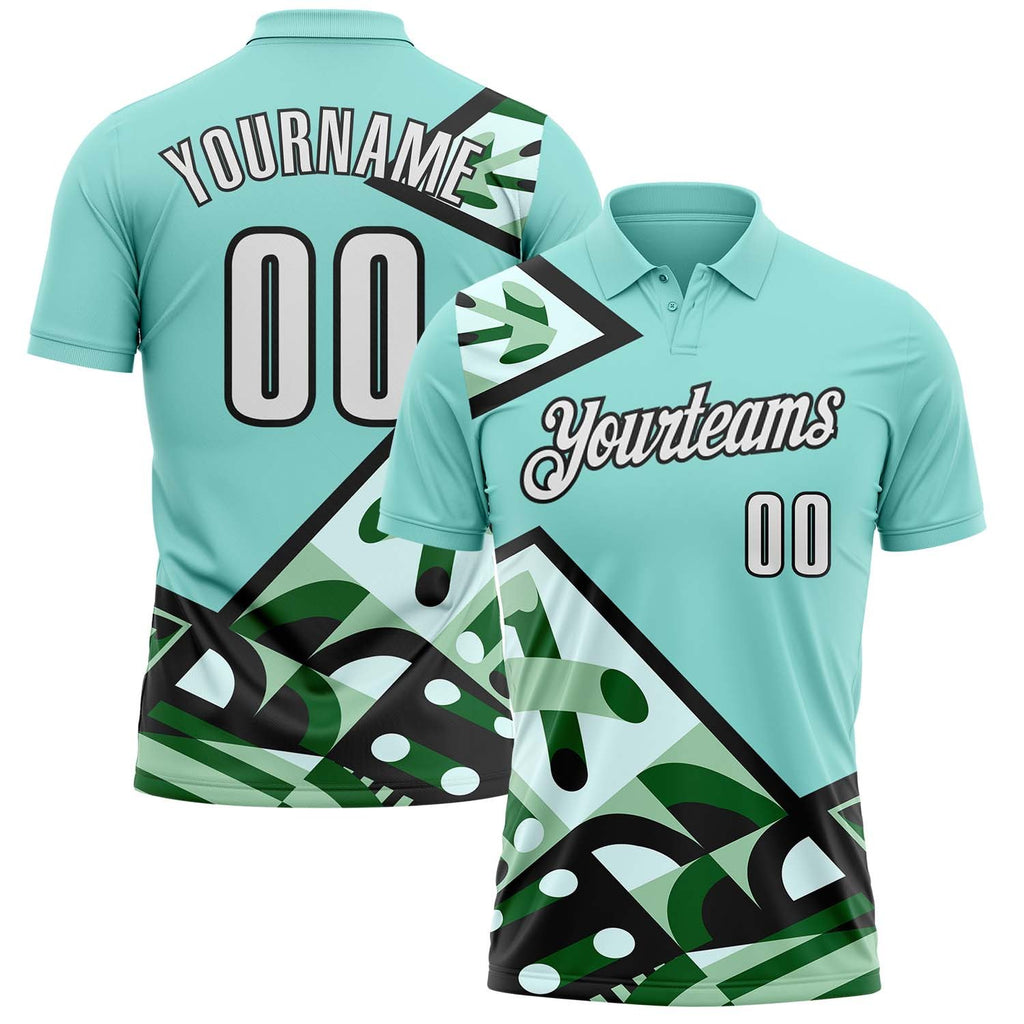 Custom Ice Blue White Green-Black Abstract Geometric Performance Polo Shirt photo 1