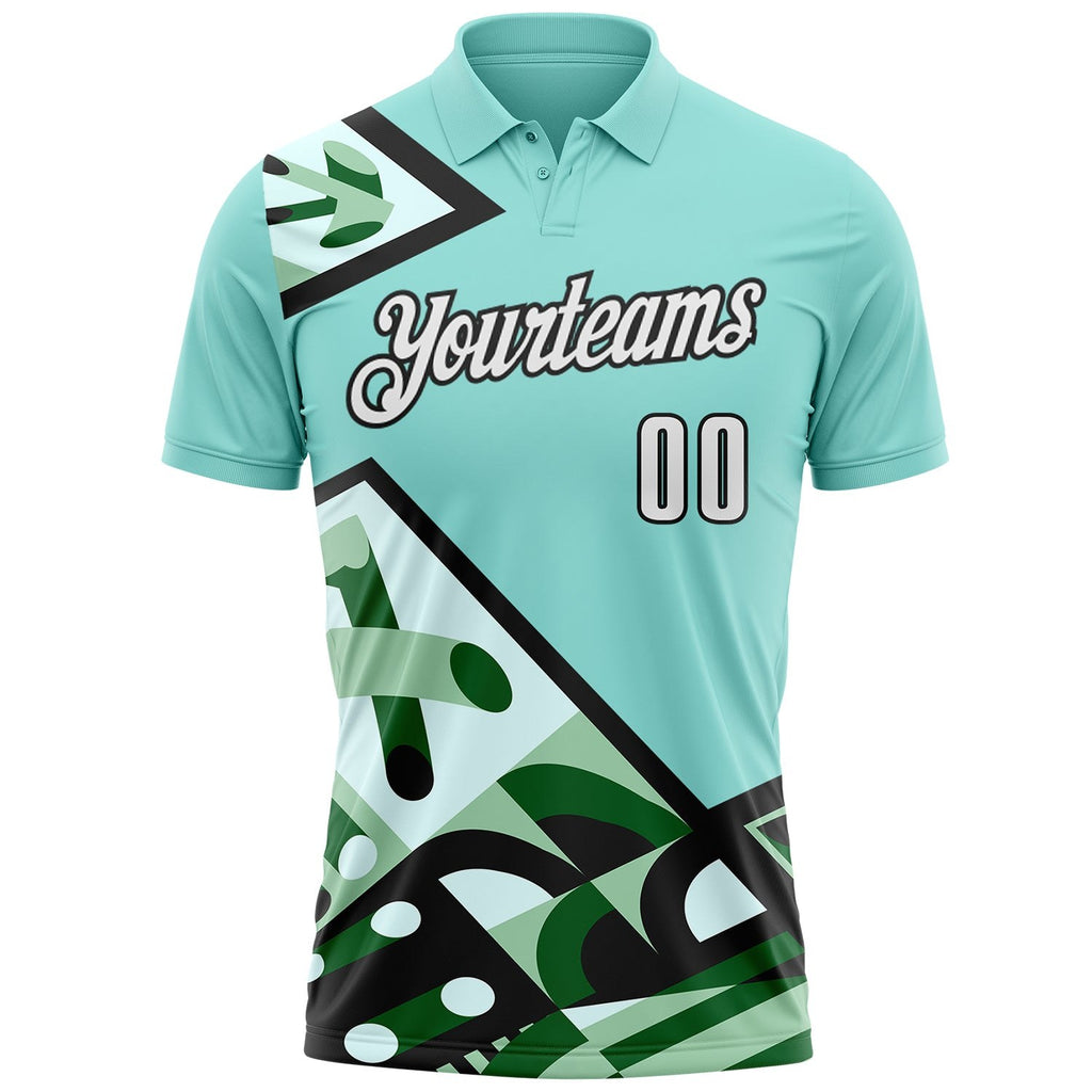 Custom Ice Blue White Green-Black Abstract Geometric Performance Polo Shirt photo 2