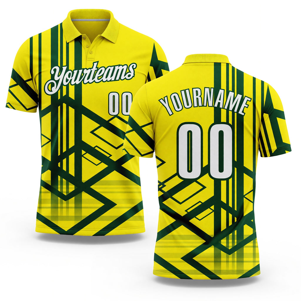 Custom Light Yellow White-Green Geometric Grid & Stripe Performance Polo Shirt