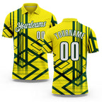 Custom Light Yellow White-Green Geometric Grid & Stripe Performance Polo Shirt