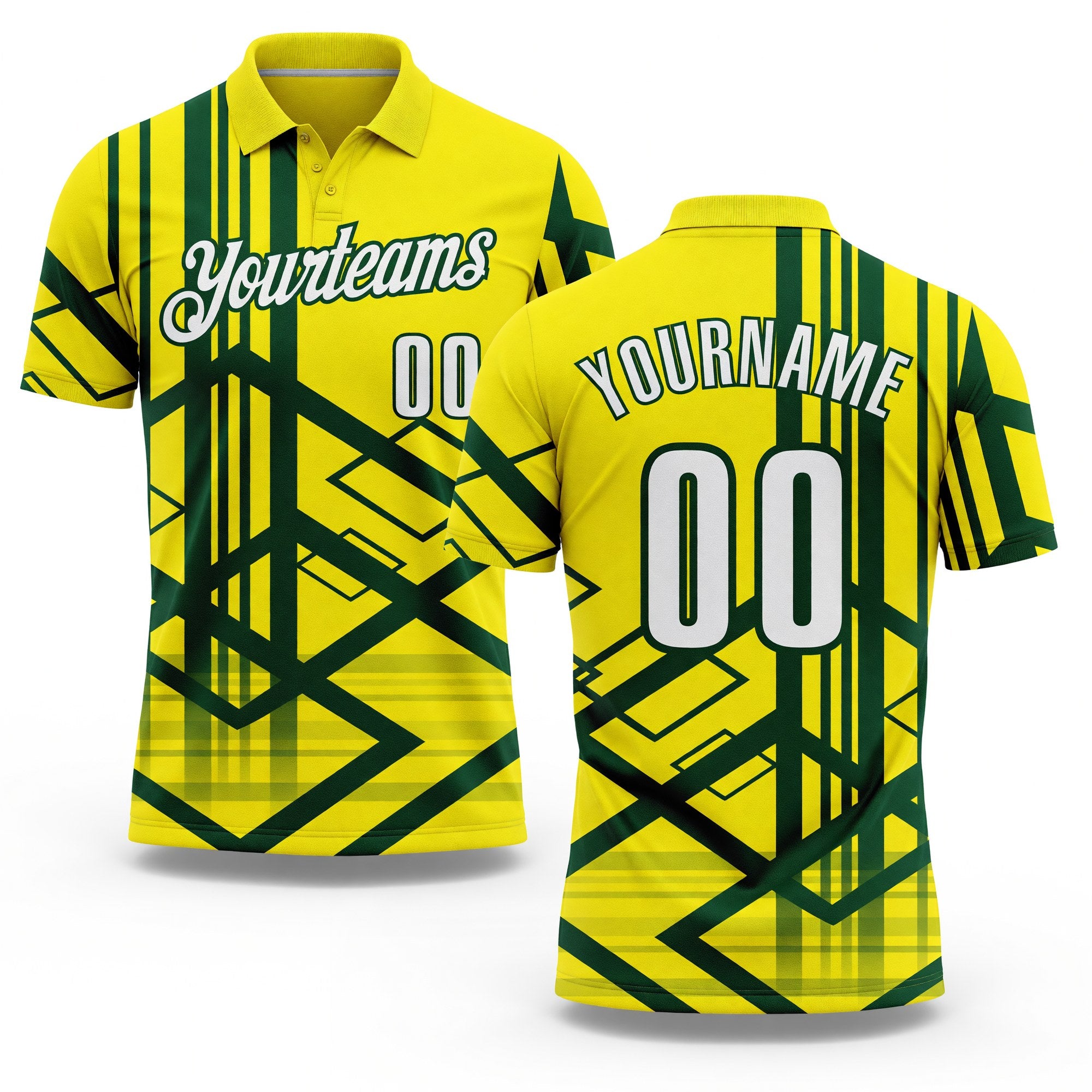 Custom Light Yellow White-Green Geometric Grid & Stripe Performance Polo Shirt