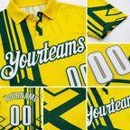 Custom Light Yellow White-Green Geometric Grid & Stripe Performance Polo Shirt detail