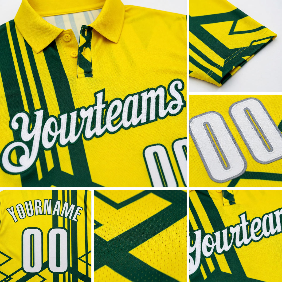 Custom Light Yellow White-Green Geometric Grid & Stripe Performance Polo Shirt detail