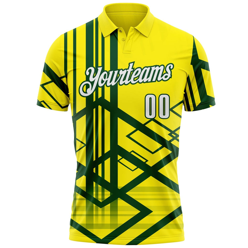 Custom Light Yellow White-Green Geometric Grid & Stripe Performance Polo Shirt photo 2