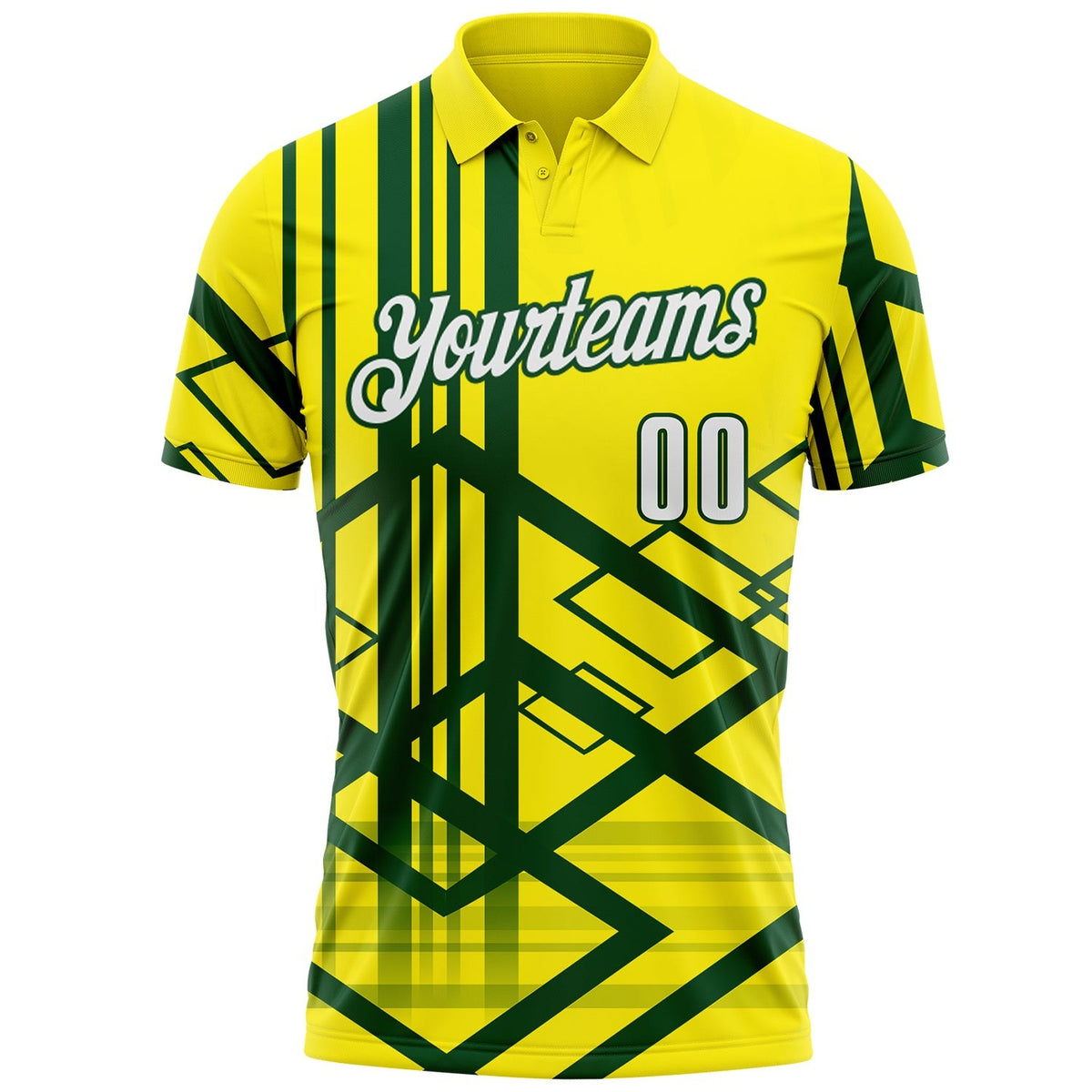 Custom Light Yellow White-Green Geometric Grid & Stripe Performance Polo Shirt photo 2