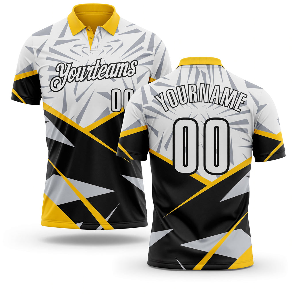 Custom White Black-Yellow Abstract Geometric Performance Polo Shirt