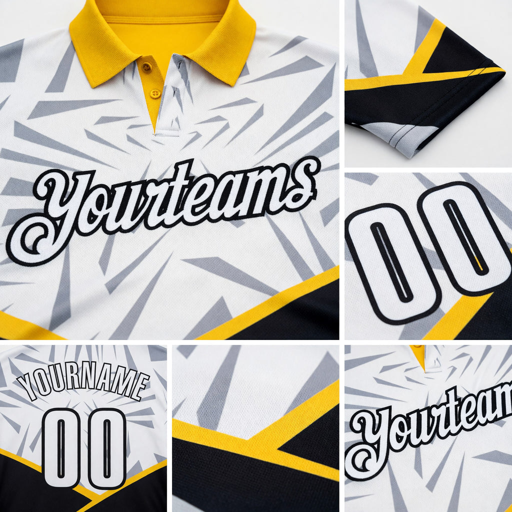 Custom White Black-Yellow Abstract Geometric Performance Polo Shirt detail
