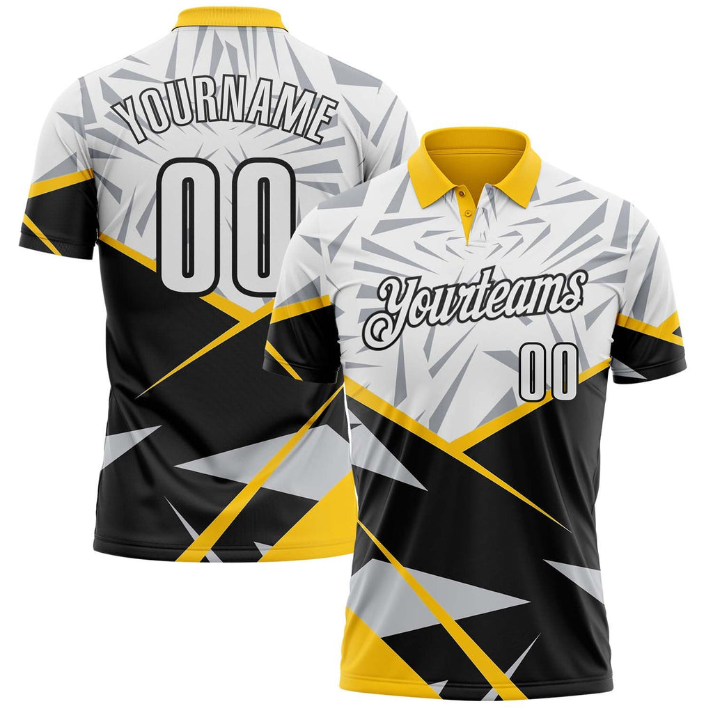 Custom White Black-Yellow Abstract Geometric Performance Polo Shirt photo 1