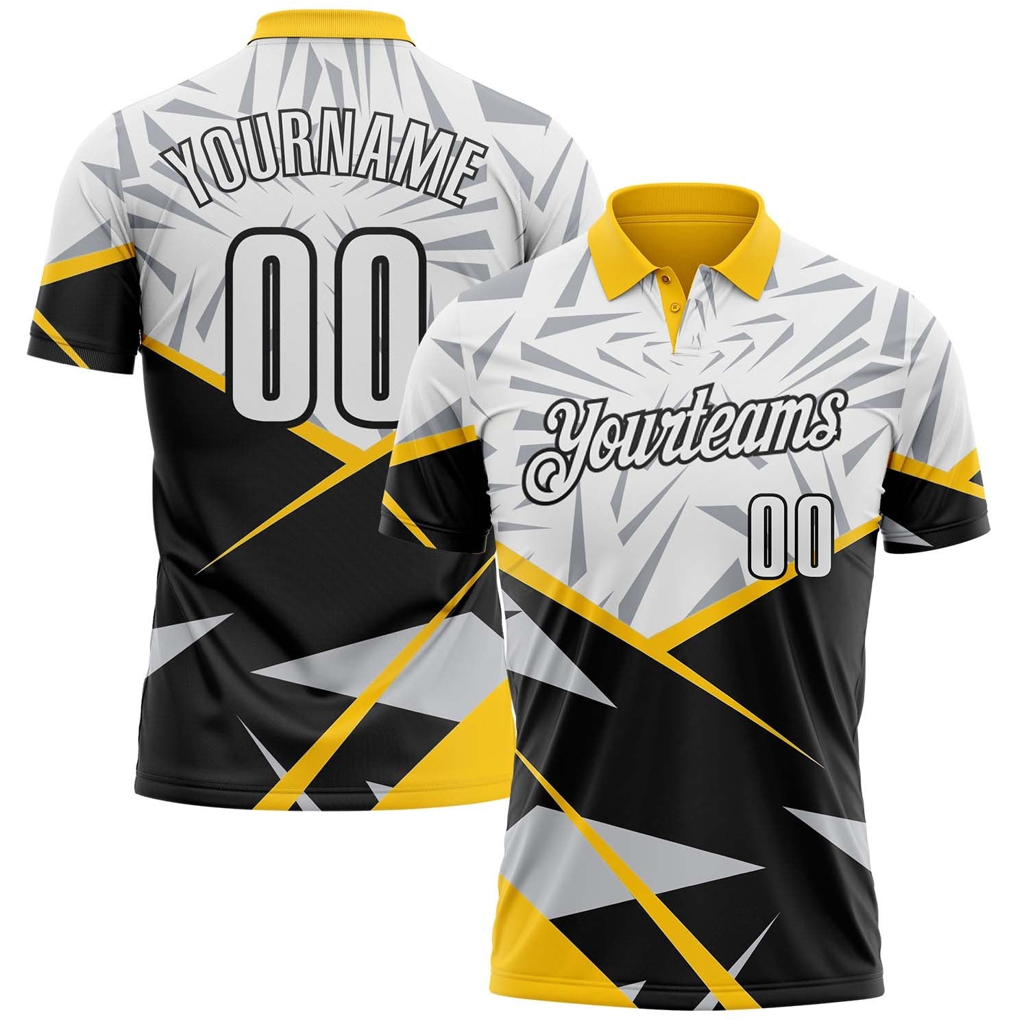 Custom White Black-Yellow Abstract Geometric Performance Polo Shirt photo 1