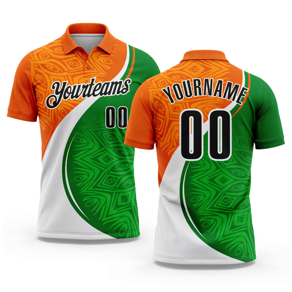 Custom Orange Black Green-White Abstract Geometric Performance Polo Shirt