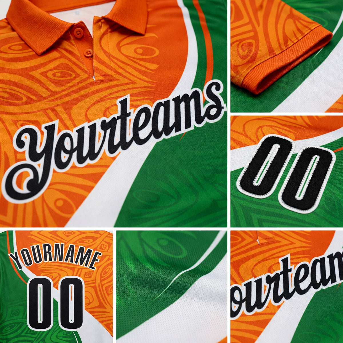Custom Orange Black Green-White Abstract Geometric Performance Polo Shirt detail