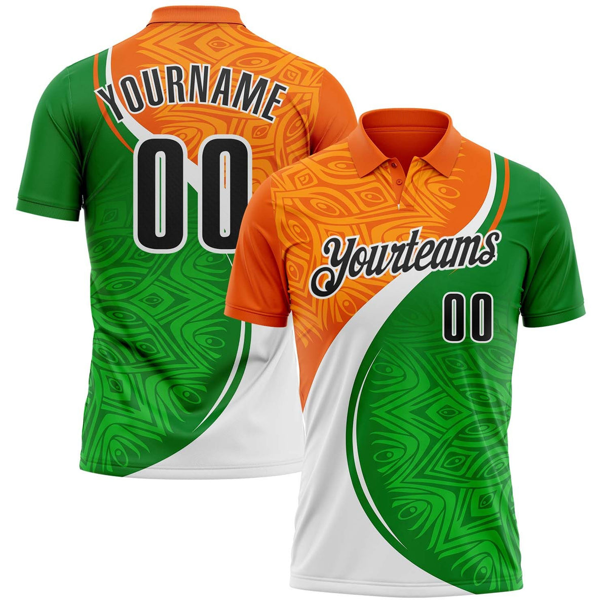 Custom Orange Black Green-White Abstract Geometric Performance Polo Shirt photo 1