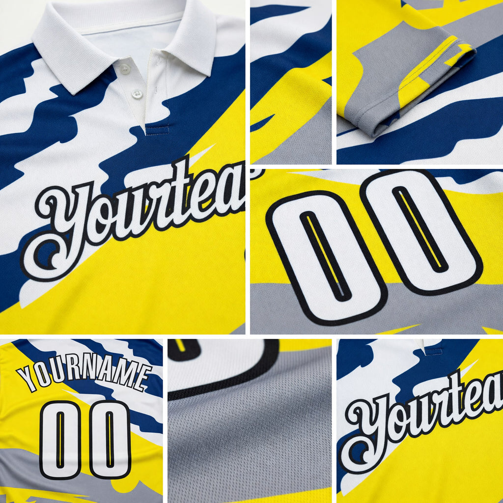 Custom Light Yellow White Blue Gray-Black Abstract Geometric Performance Polo Shirt detail