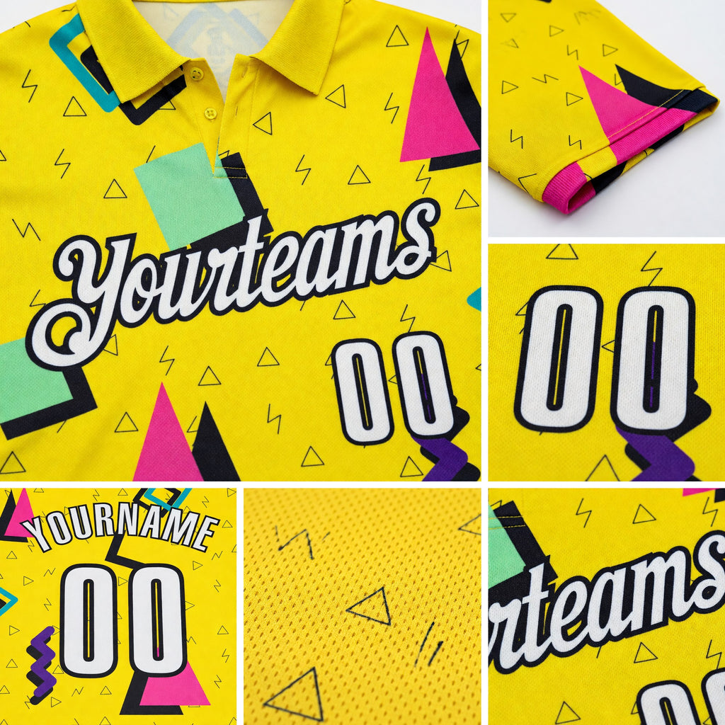 Custom Light Yellow White-Black Abstract Geometric Performance Polo Shirt detail